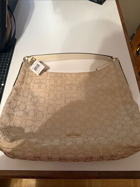 Coach Beige Signature Jacquard Shoulder Bag with Cream Strap